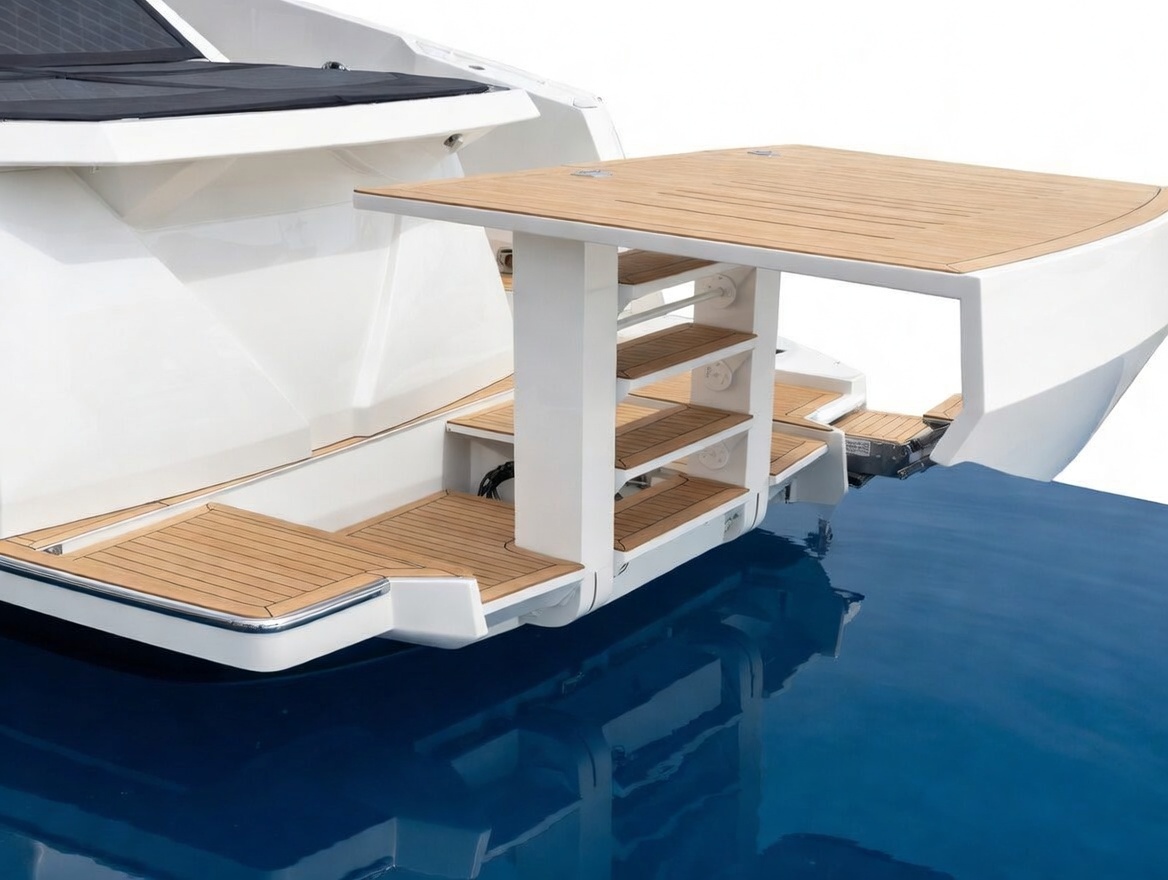 TR UP 01 - Sistema de plataforma transformable con múltiples configuraciones. Diseño compacto que se despliega para ofrecer máxima versatilidad y acceso al agua.